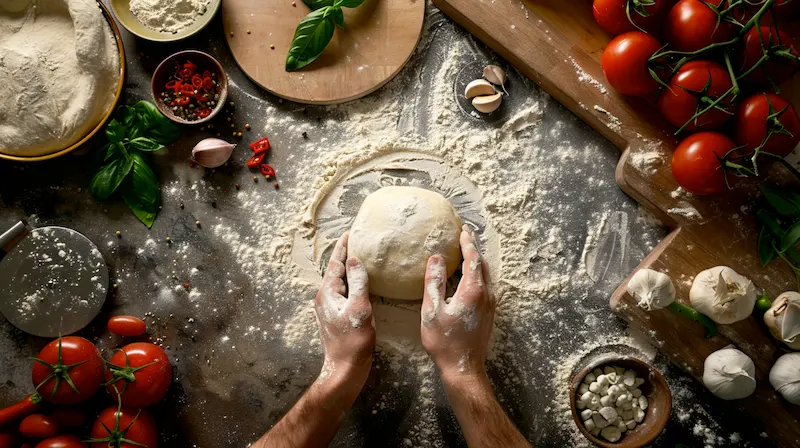 chefs hands showing how to make pizza dough