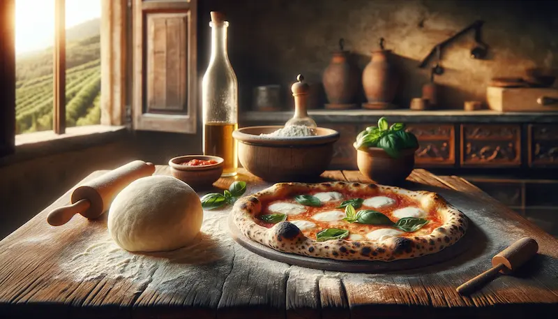 a smooth ball of pizza dough next to a fully prepared Neapolitan pizza, set in a Tuscan villa kitchen