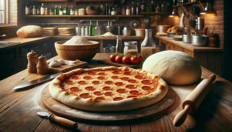 smooth ball of pizza dough next to a fully prepared New York-style pizza with slight burn marks on the crust, set in a New York pizzeria