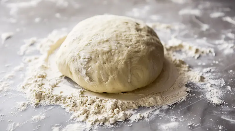 an aerial image of a ball of pizza dough in the center of a small amount of all-purpose flour on a pizza chef's counter
