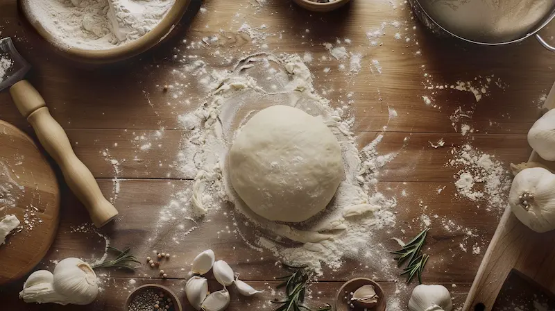 an aerial image of a ball of pizza dough in the center of a small amount of bread flour on a pizza chef's counter