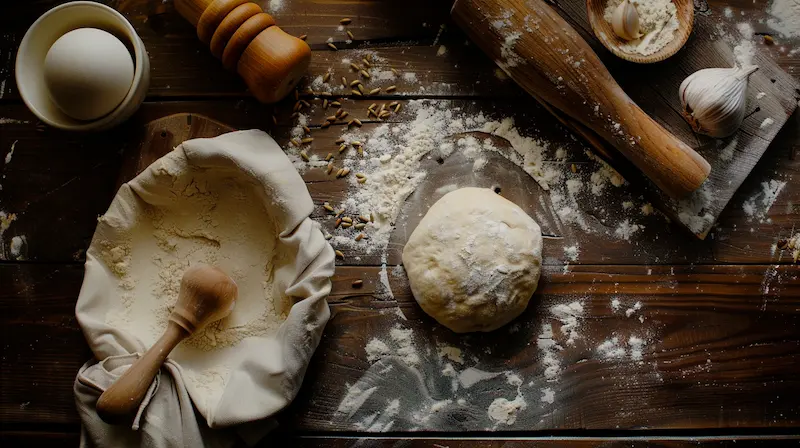 rye pizza dough on a table surrounded by pizza ingredients