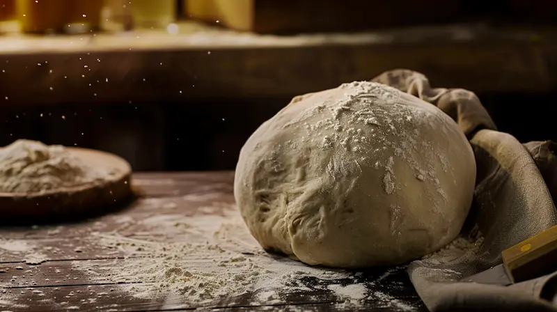 a ball of pizza dough next to a canvas bag of semolina on a pizza chef's counter