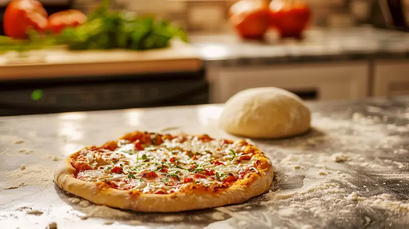 sourdough pizza on a countertop in a pizzeria. Next to the fully cooked pizza is a ball of dough