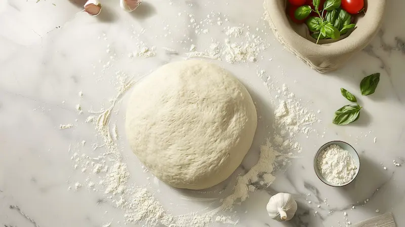 a ball of pizza dough next to a canvas bowl od spelt flour on a chef's counter