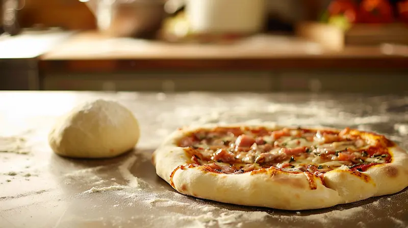 stuffed crust pizza on a countertop in a pizzaria. next to the fully cooked pizza is a ball of dough