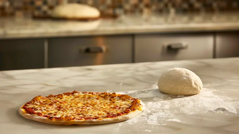 thin crust pizza dough recipe. a flat, thin-crust pizza on a countertop in a pizzeria. Next to the fully cooked pizza is a ball of dough