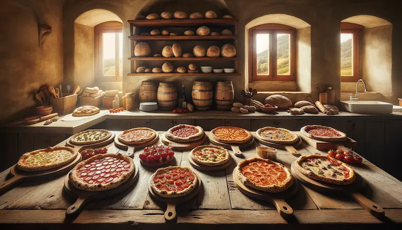everal different pizzas with various styles of crusts, set in a Tuscan villa kitchen