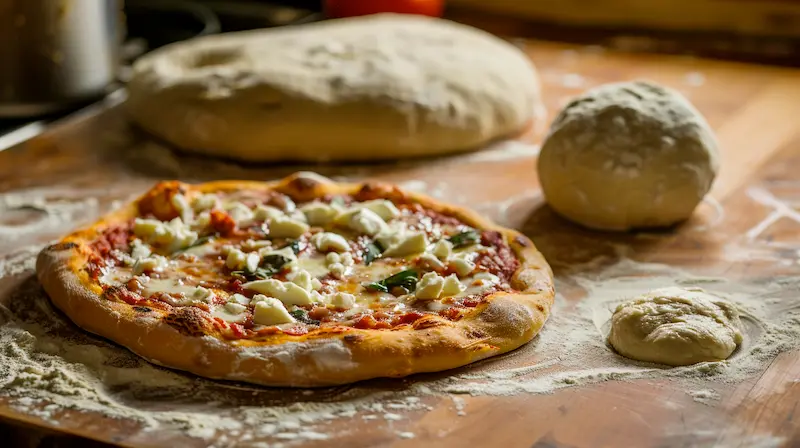 whole wheat pizza on a countertop in a pizzeria. Next to the fully cooked pizza is a ball of dough.